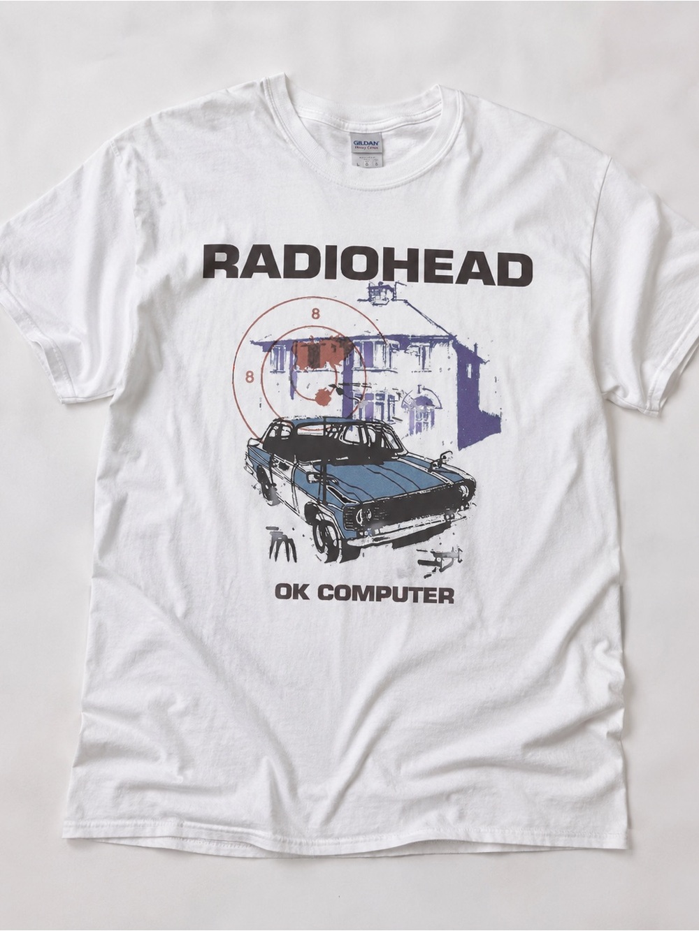 Gildan White Radiohead OK Computer Tee with Blue & Purple Artwork